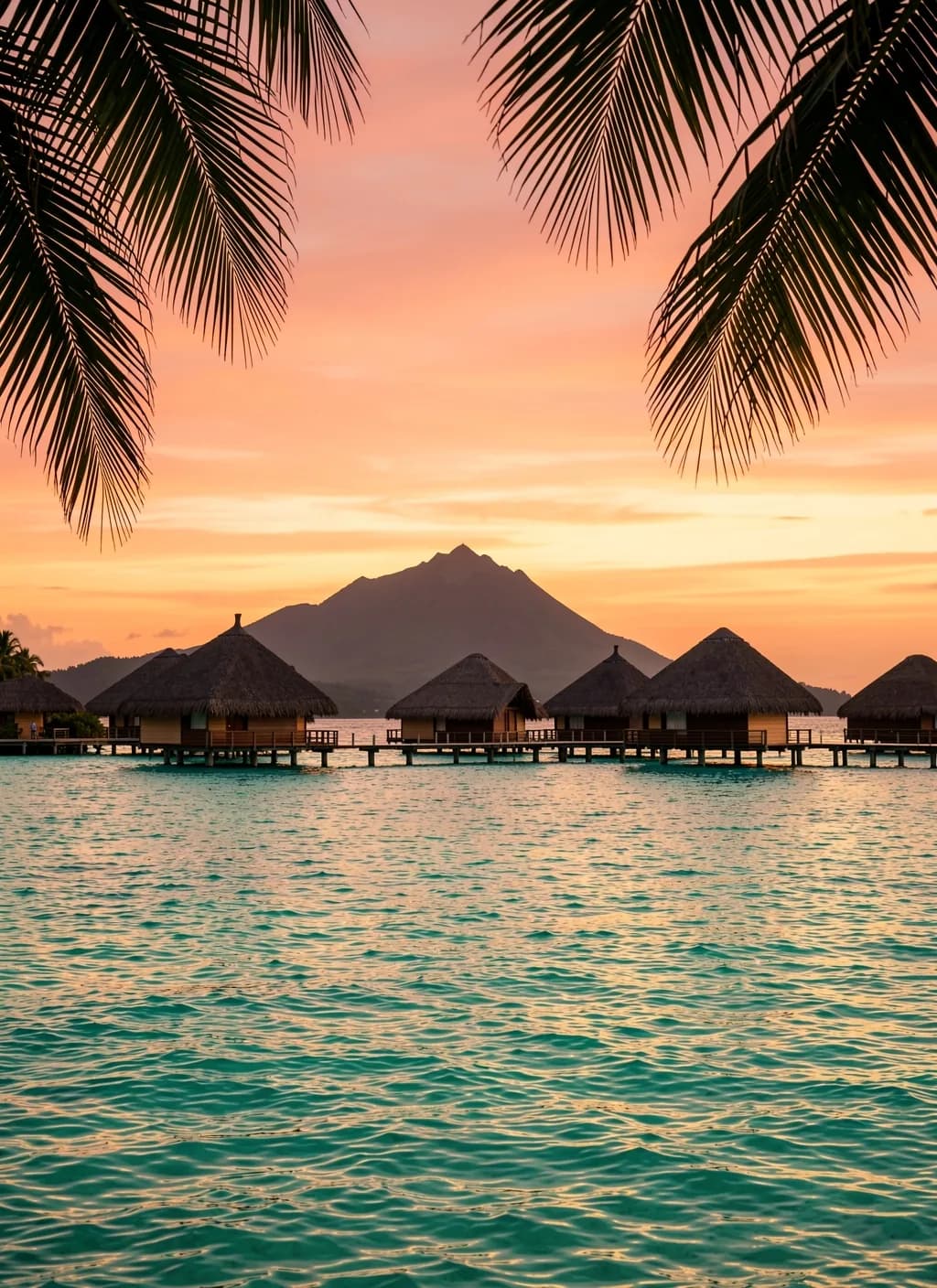 Bungalows sur pilotis dans un lagon polynésien au coucher du soleil